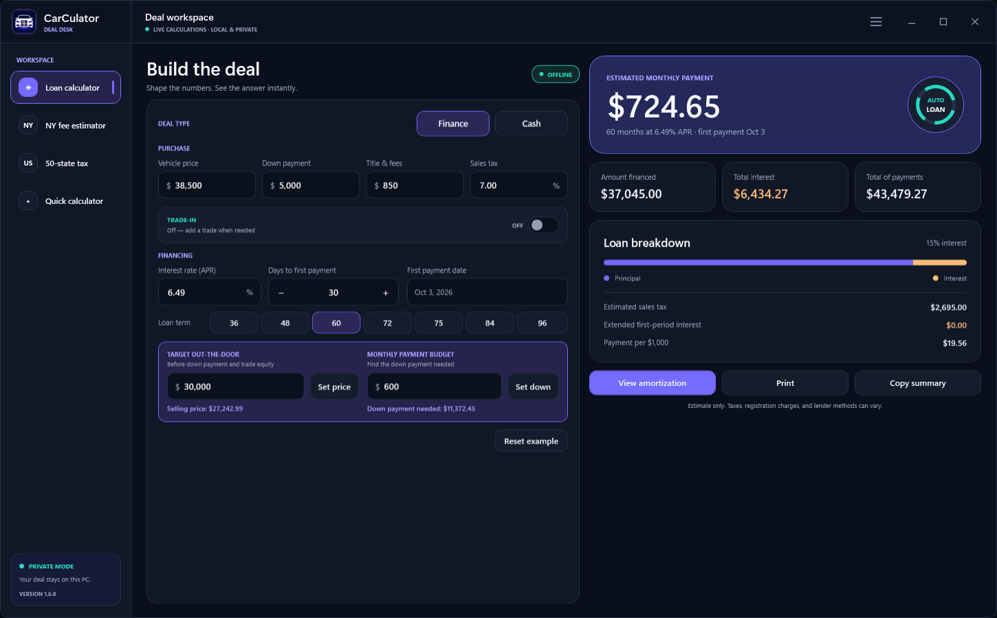 CarCulator application showing a vehicle loan calculation